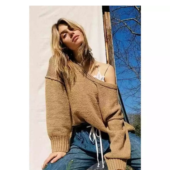FREE PEOPLE Brookside oversized sweater tunic size large L camel tan - Picture 1 of 10